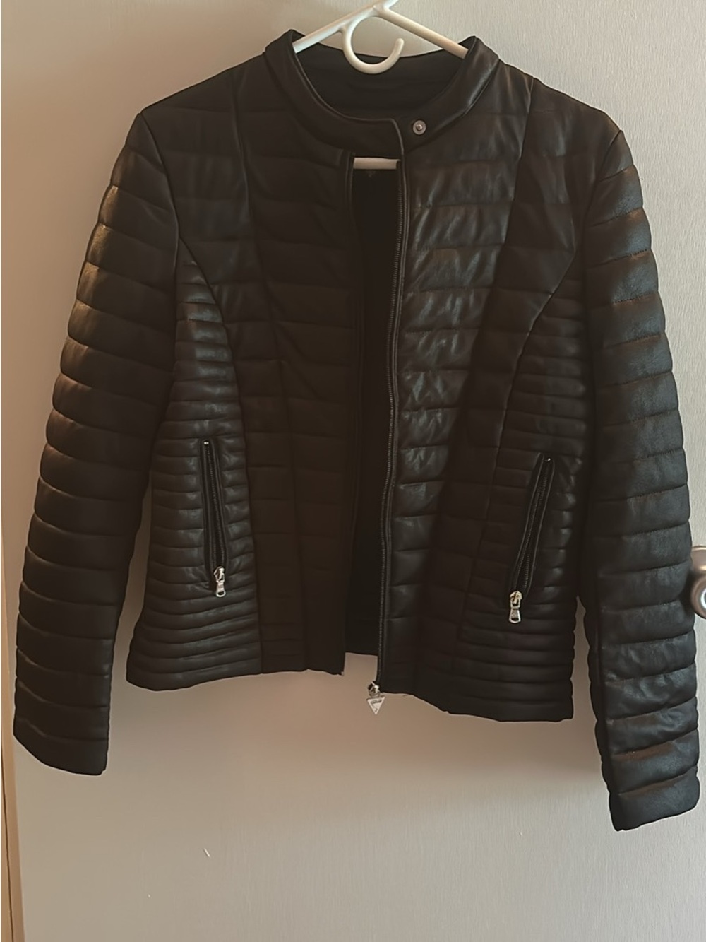 Guess Black Quilted Faux-Leather Moto Jacket